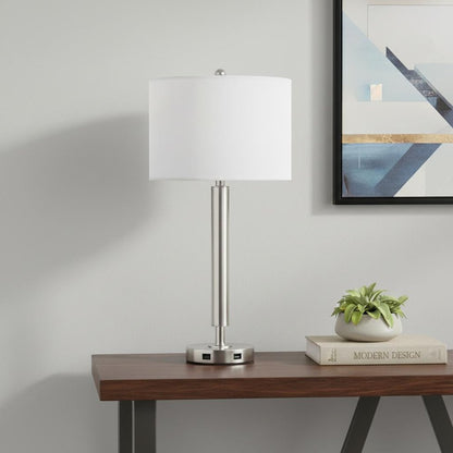 30" Nickel Metal Cylinder USB Table Lamp With White Drum Shade
