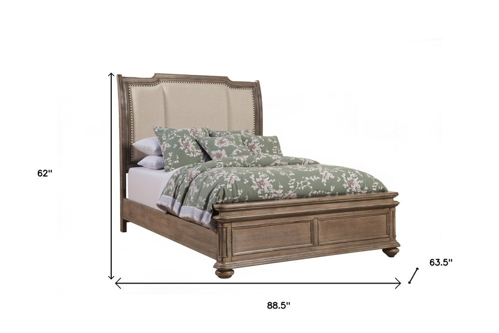 Brown and Beige Distressed Solid Wood And Faux Leather Queen Bed Frame with Nailhead Trim