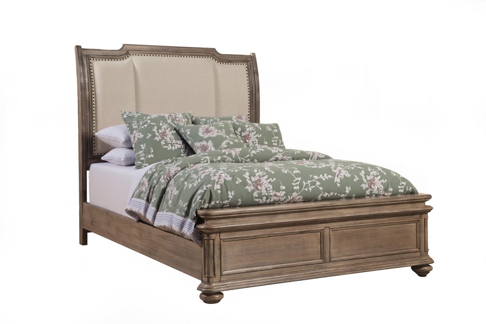 Brown and Beige Distressed Solid Wood And Faux Leather Queen Bed Frame with Nailhead Trim
