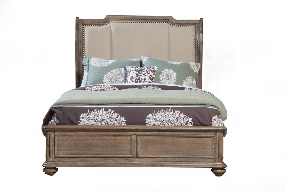 Brown and Beige Distressed Solid Wood And Faux Leather Queen Bed Frame with Nailhead Trim