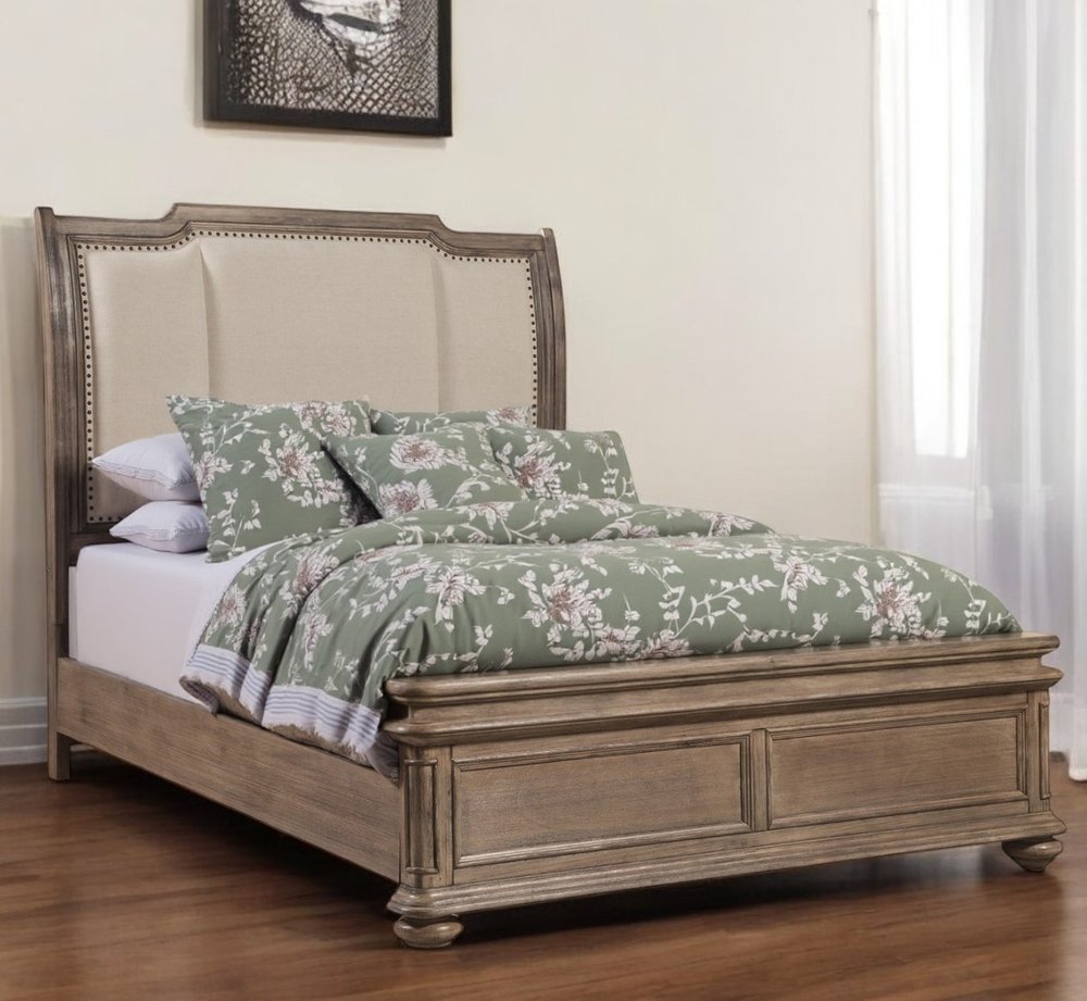 Brown and Beige Distressed Solid Wood And Faux Leather Queen Bed Frame with Nailhead Trim