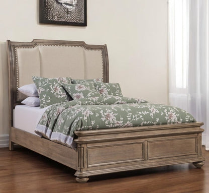 Brown and Beige Distressed Solid Wood And Faux Leather Queen Bed Frame with Nailhead Trim