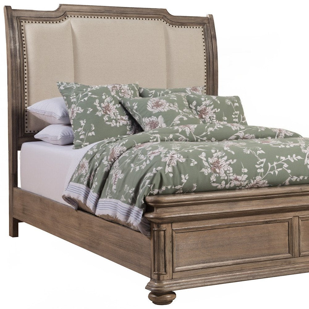 Brown and Beige Distressed Solid Wood And Faux Leather Queen Bed Frame with Nailhead Trim