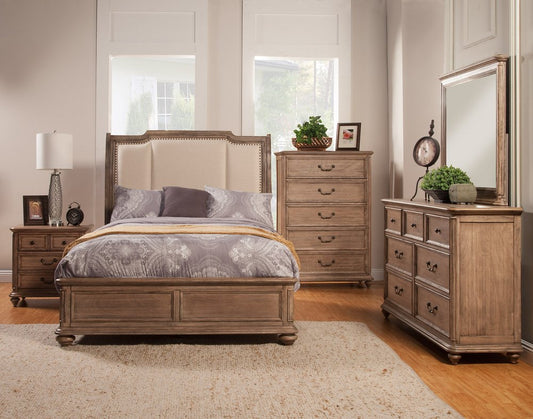 Brown and Beige Distressed Solid Wood And Faux Leather California King Bed Frame with Nailhead Trim