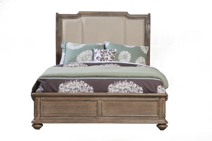 Brown and Beige Distressed Solid Wood And Faux Leather California King Bed Frame with Nailhead Trim