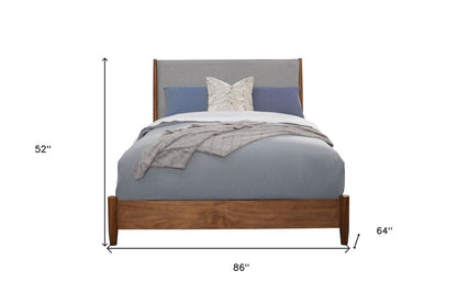 Brown and Gray Solid Wood And Linen Queen Bed Frame