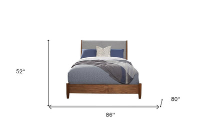 Brown and Gray Solid Wood And Linen King Bed Frame