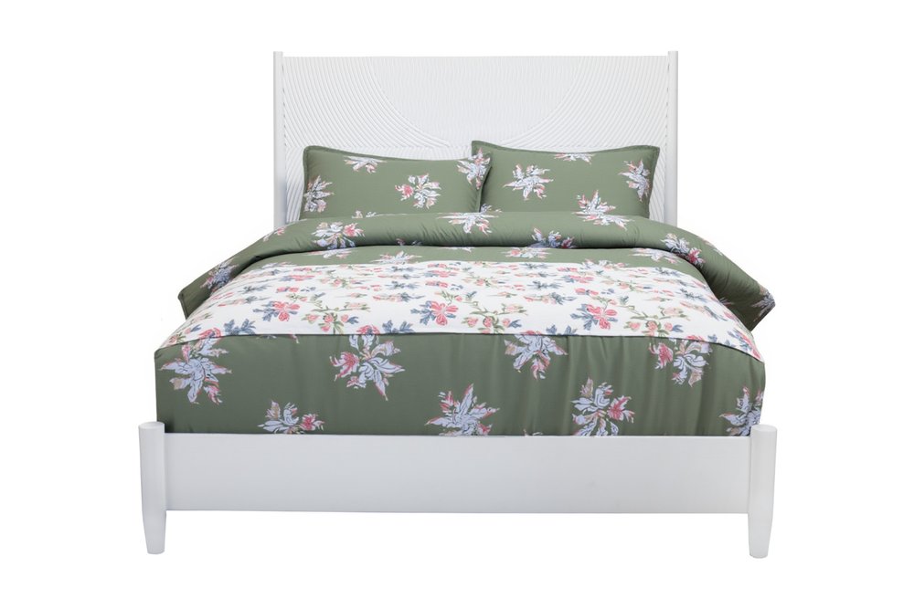 White Carved Geometric Solid Wood Full Bed Frame