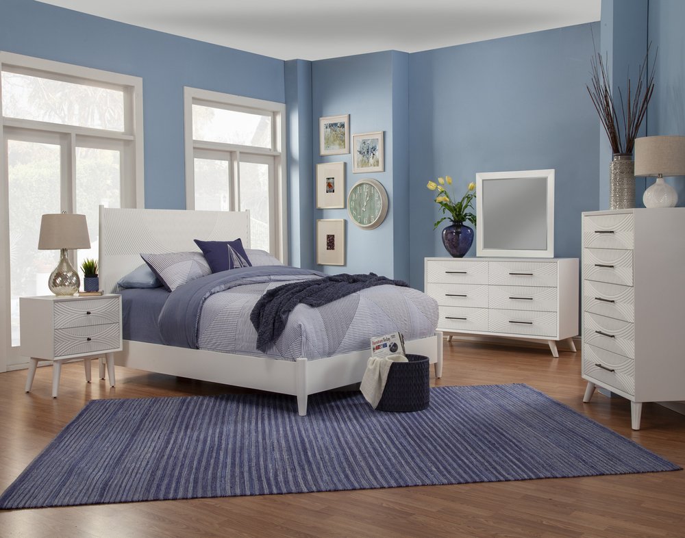 White Carved Geometric Solid Wood Full Bed Frame