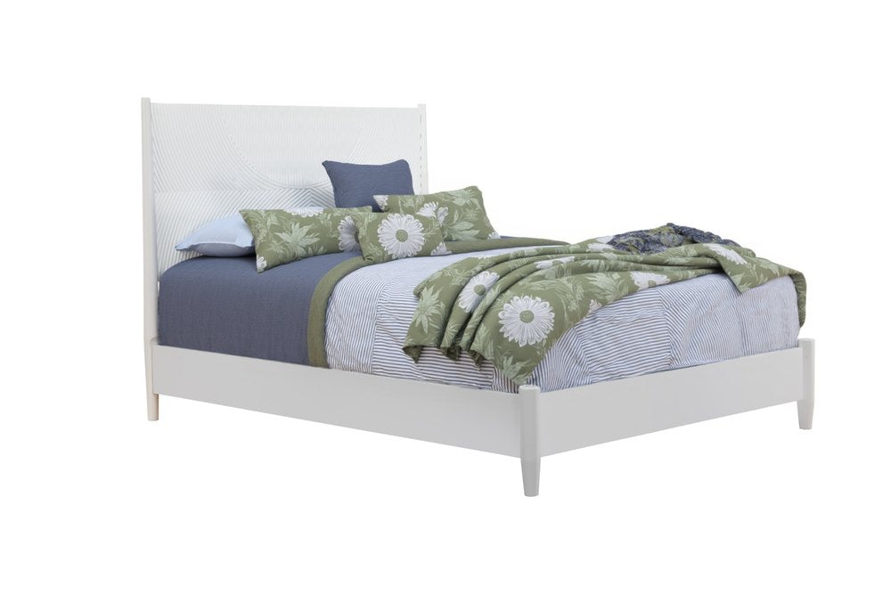 White Carved Geometric Solid Wood Full Bed Frame