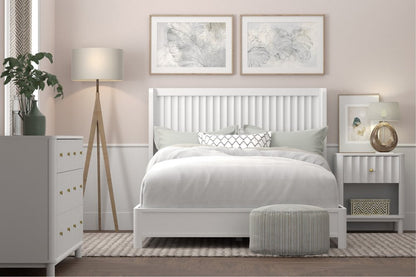 White Ribbed Texture Solid Wood Queen Bed Frame