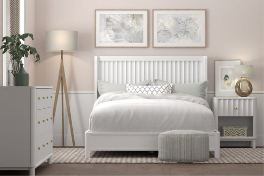 White Ribbed Texture Solid Wood King Bed Frame