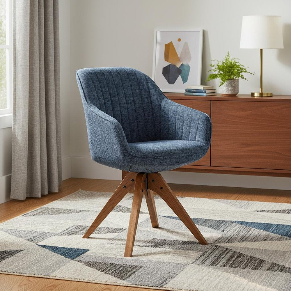 23" Blue Fabric And Natural Swivel Accent Arm Chair