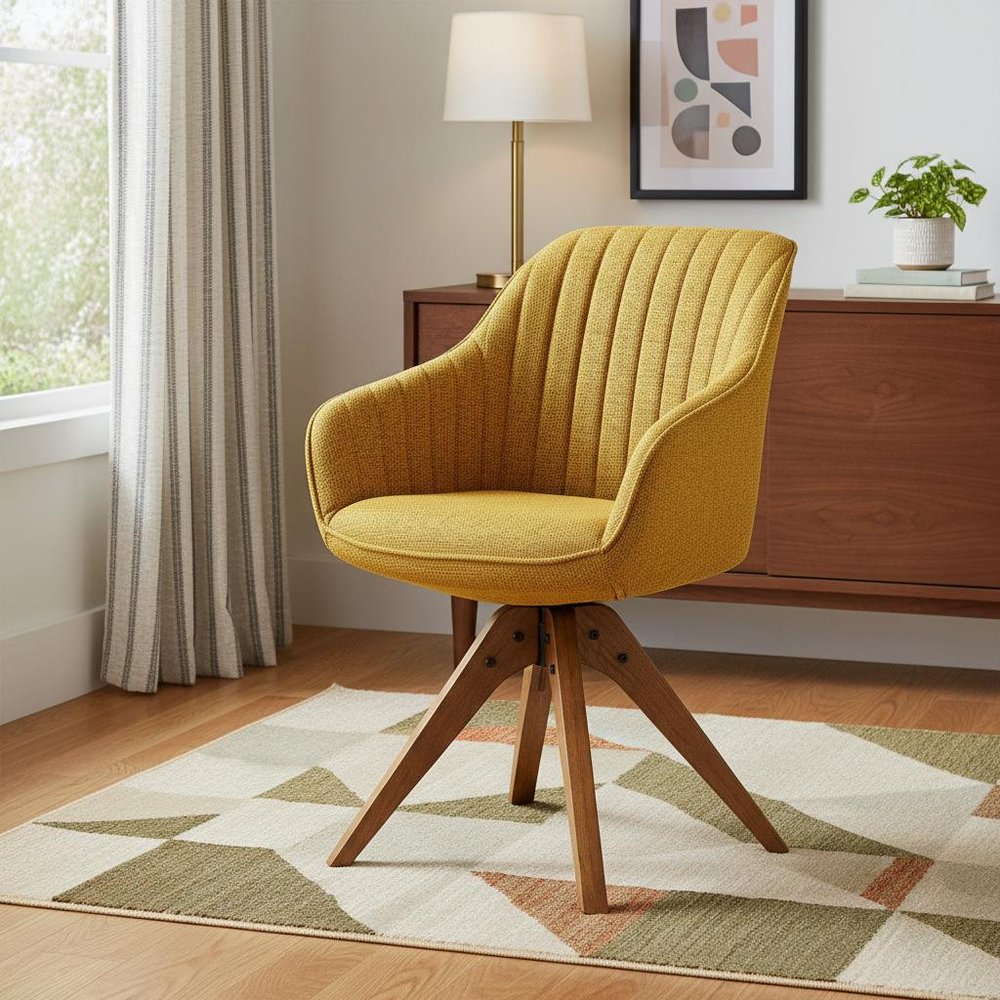 23" Yellow And Natural Fabric And Wood Swivel Arm Chair