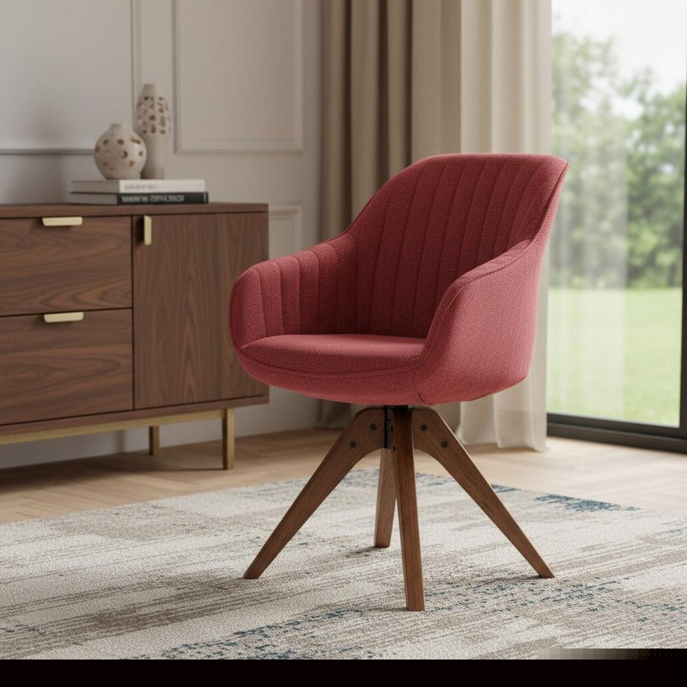 23" Red And Natural Tufted Fabric Swivel Arm Chair
