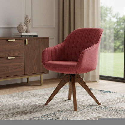 23" Red And Natural Tufted Fabric Swivel Arm Chair