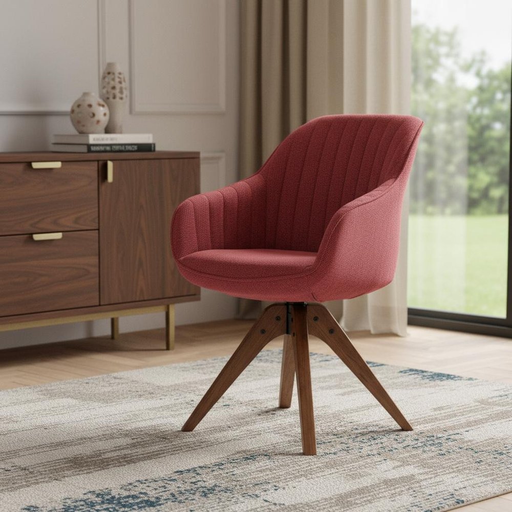 23" Red And Natural Tufted Fabric Swivel Arm Chair