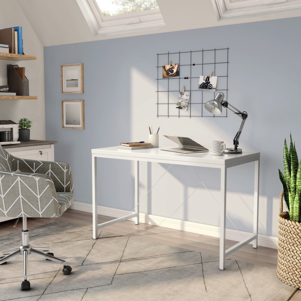 47" White Wood and Stainless Steel Writing Desk