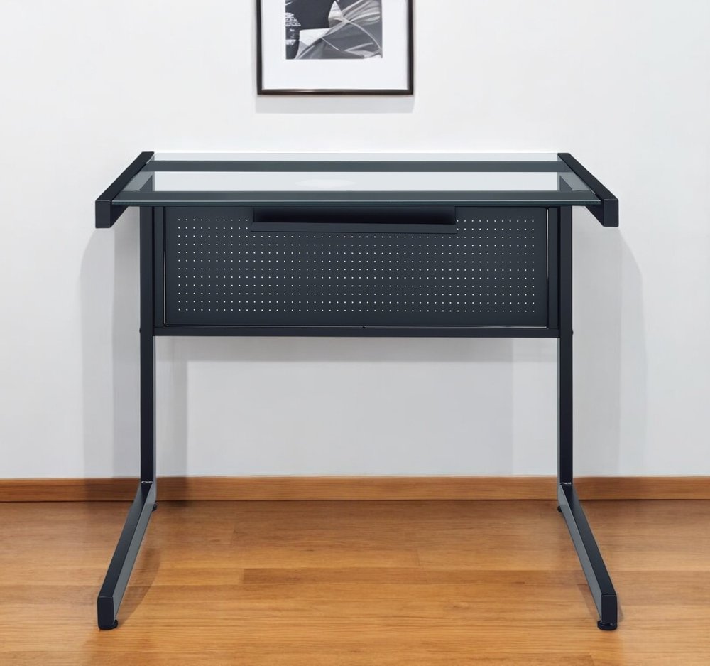 33" Clear and Black Glass and Stainless Steel Writing Desk