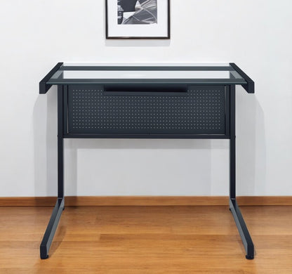 33" Clear and Black Glass and Stainless Steel Writing Desk
