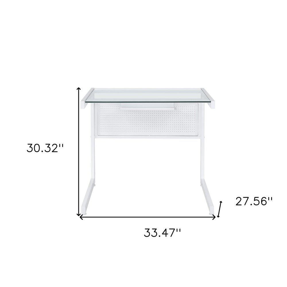 33" Clear and White Glass and Stainless Steel Writing Desk