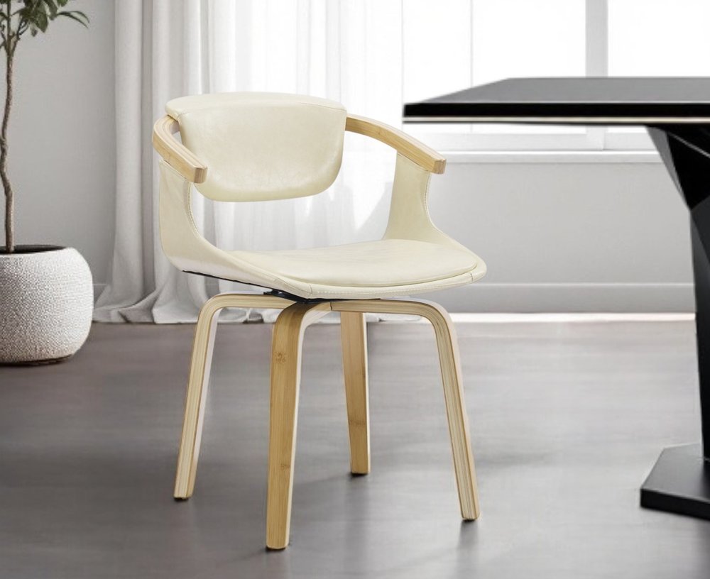 Off White and Natural Upholstered Faux Leather Dining Arm Chair