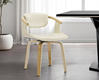 Off White and Natural Upholstered Faux Leather Dining Arm Chair