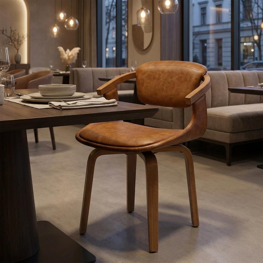Brown And Natural Upholstered Faux Leather Dining Arm Chair