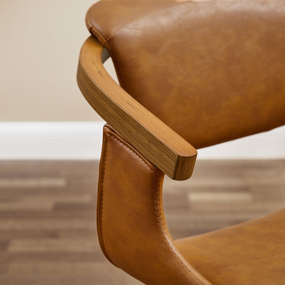 Brown And Natural Upholstered Faux Leather Dining Arm Chair