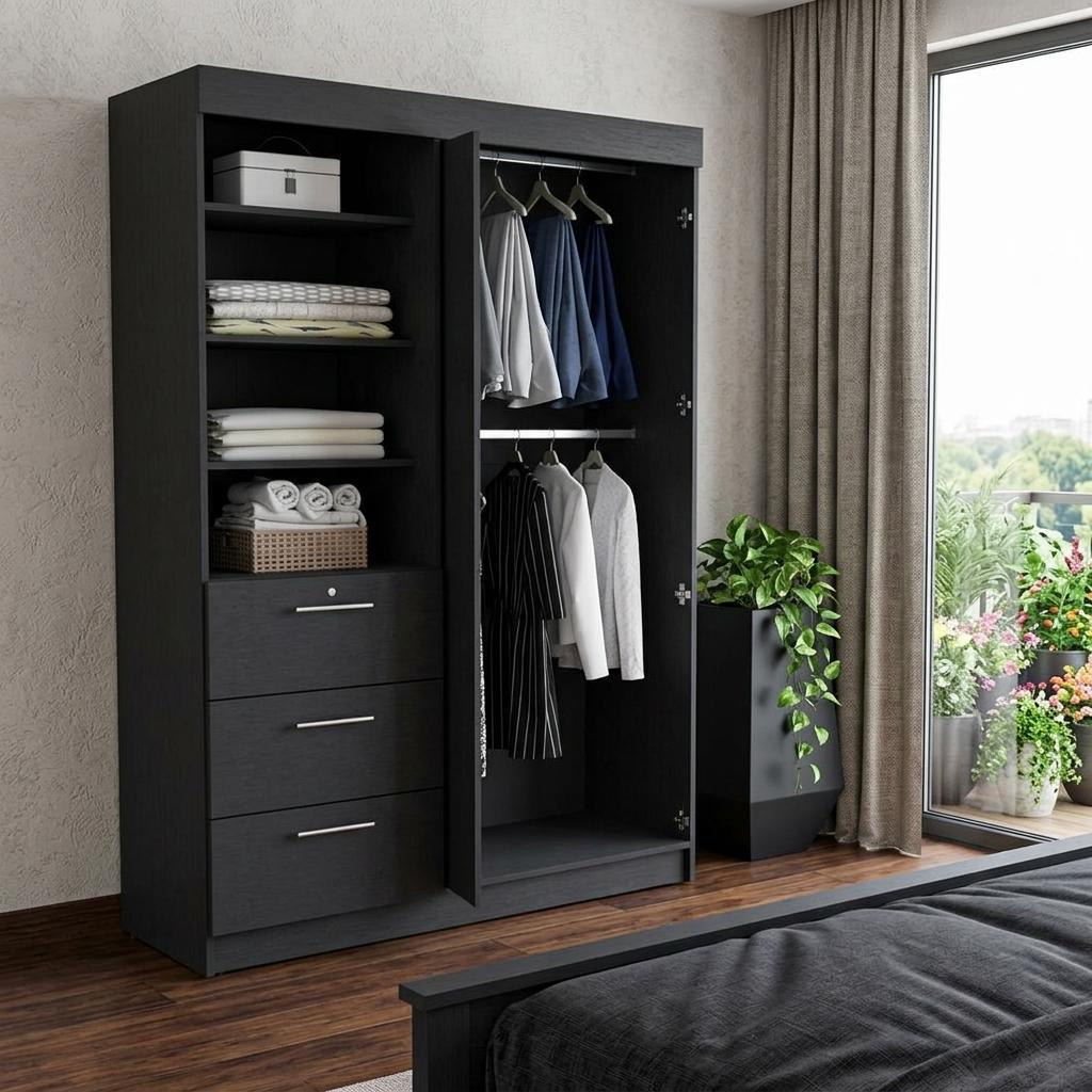 59" Black Wood Three Drawer Dresser