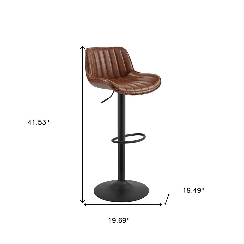 Set of Two Brown and Black Upholstered Faux Leather and Steel Low Back Adjustable Height Swivel Bar Chairs