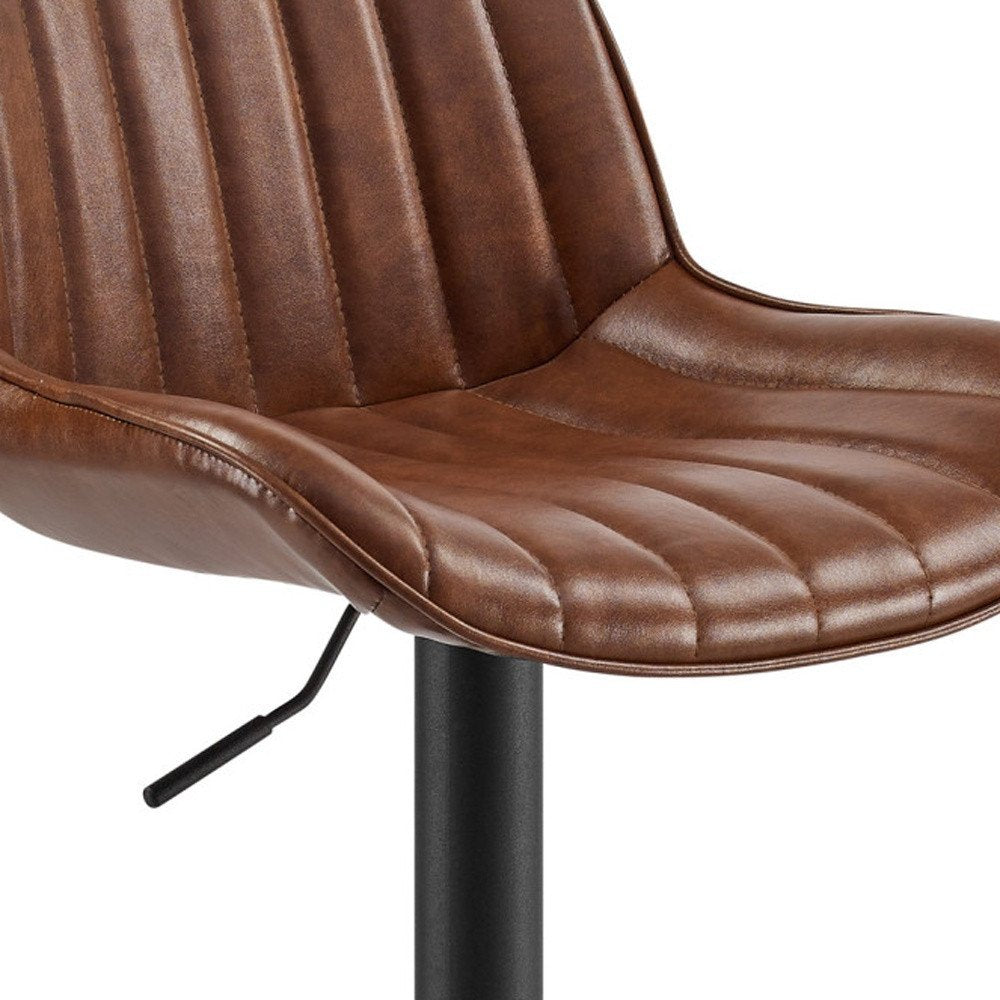 Set of Two Brown and Black Upholstered Faux Leather and Steel Low Back Adjustable Height Swivel Bar Chairs