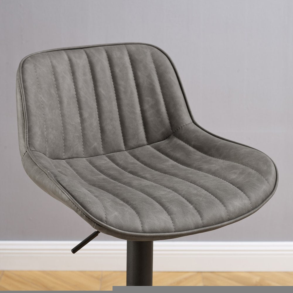 Set of Two 31" Gray And Black Faux Leather And Steel Swivel Low Back Adjustable Height Bar Chairs