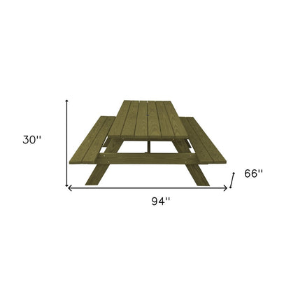 94" Green Solid Wood Outdoor Picnic Table with Umbrella Hole