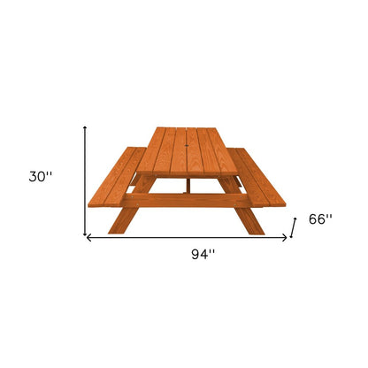 94" Brown Solid Wood Outdoor Picnic Table with Umbrella Hole