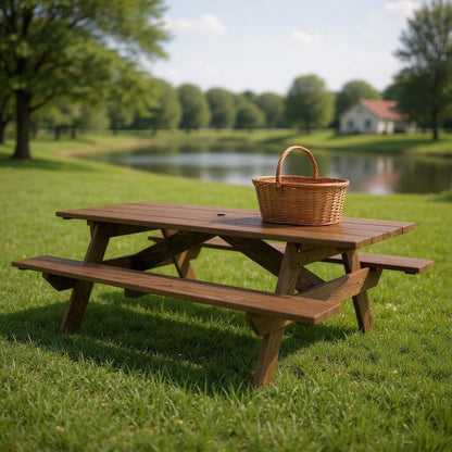 94" Dark Brown Solid Wood Outdoor Picnic Table with Umbrella Hole