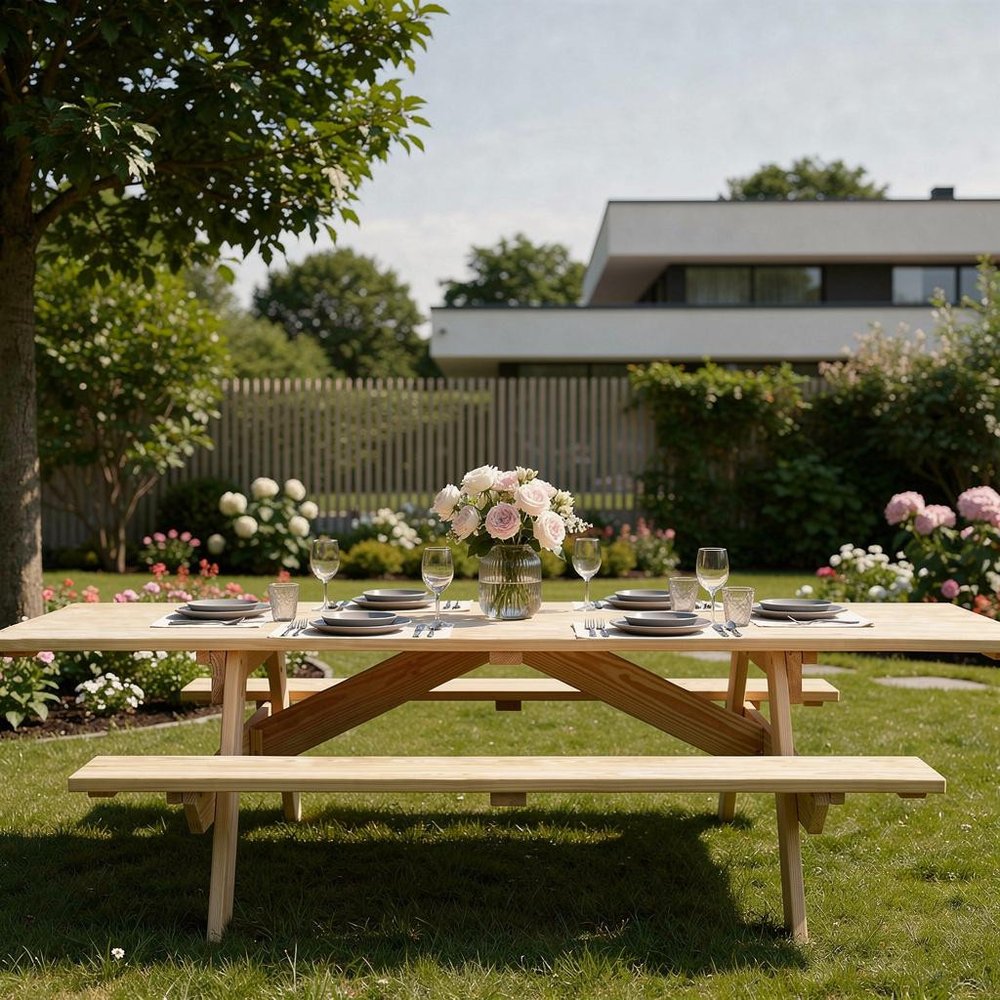 Beige Solid Wood Outdoor Picnic Table Umbrella Hole