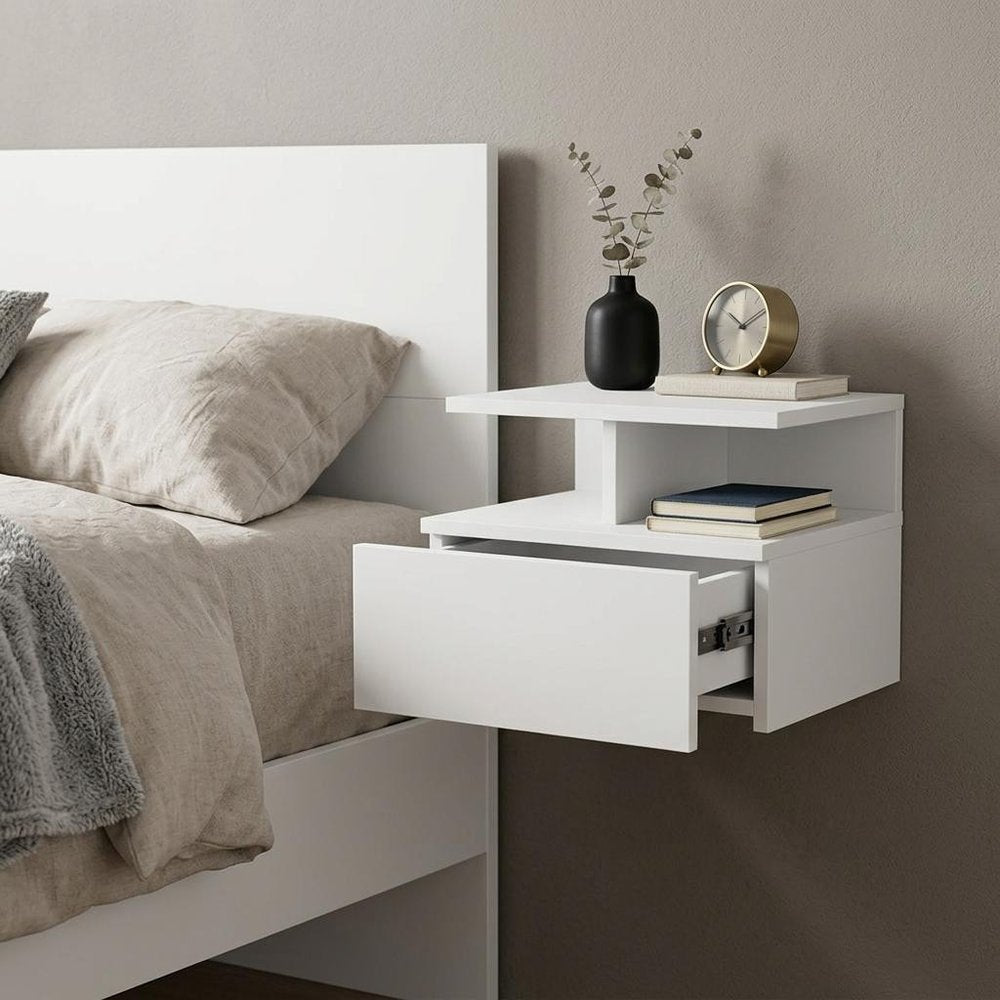 14" White Wood One Drawer Floating Nightstand