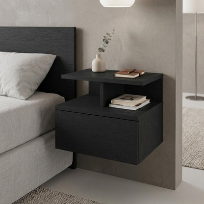 14" Black Wood One Drawer Floating Nightstand