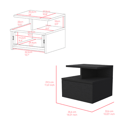 12" Black Wood One Drawer Floating Nightstand