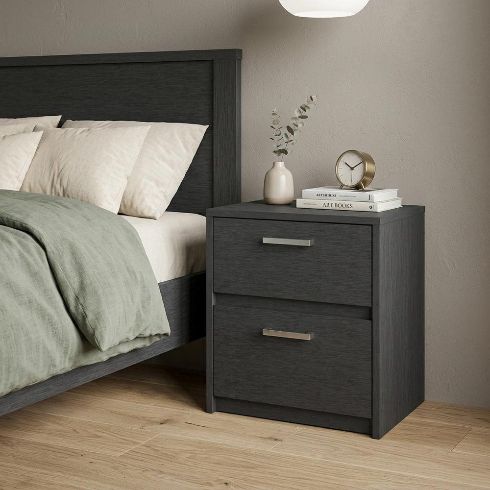 19" Black Wood Two Drawer Nightstand