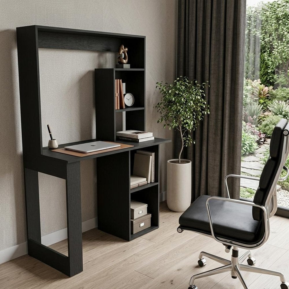 58" Black Wood Computer Desk With Hutch