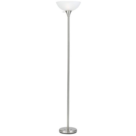 70" Nickel Metal Torchiere Floor Lamp With White Glass Dome Shade