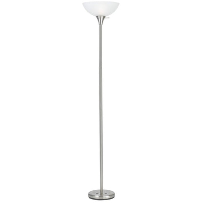 70" Nickel Metal Torchiere Floor Lamp With White Glass Dome Shade