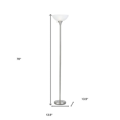 70" Nickel Metal Torchiere Floor Lamp With White Glass Dome Shade