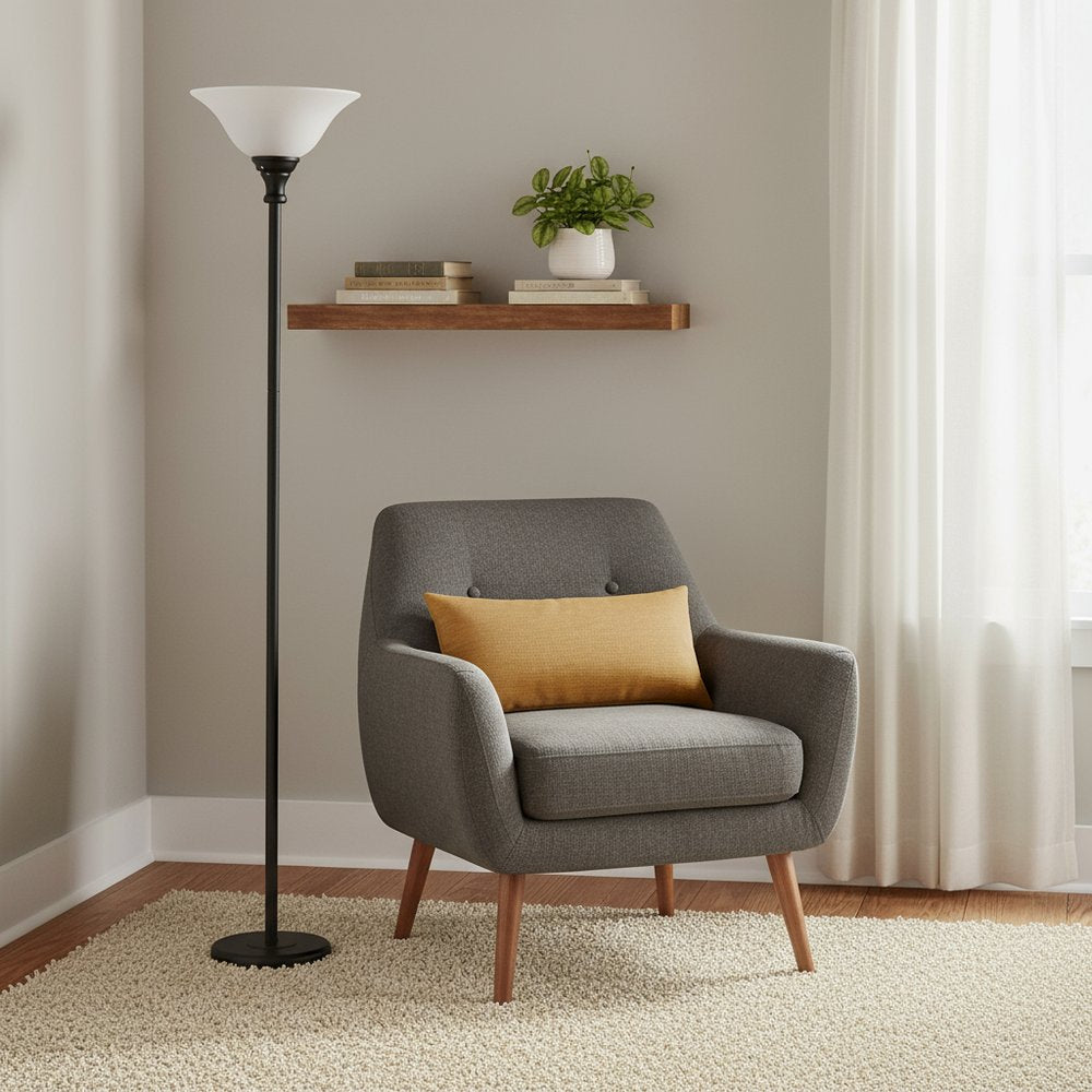 71" Black Torchiere Floor Lamp With Black Glass Dome Shade