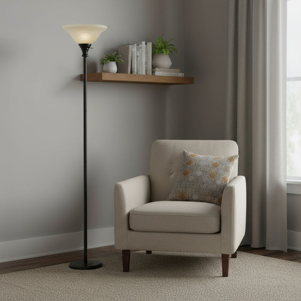 71" Bronze Torchiere Floor Lamp With Beige Frosted Glass Dome Shade