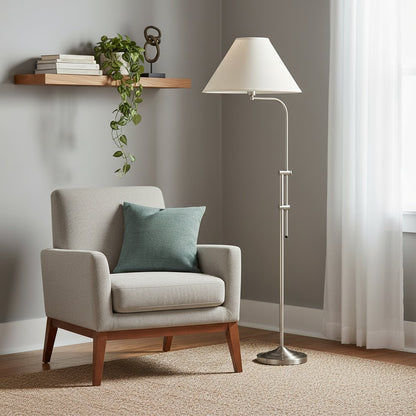 68" Nickel Adjustable Floor Lamp With White Fabric Empire Shade