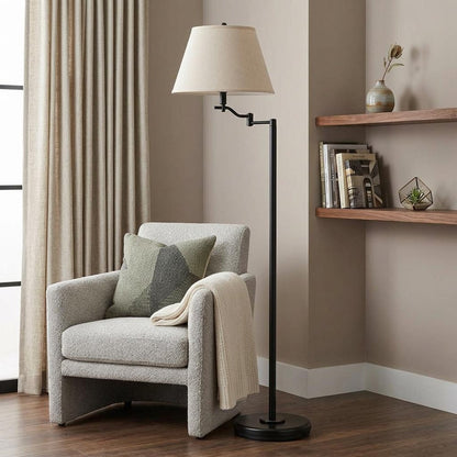 60" Bronze Swing Arm Floor Lamp With Beige Fabric Empire Shade