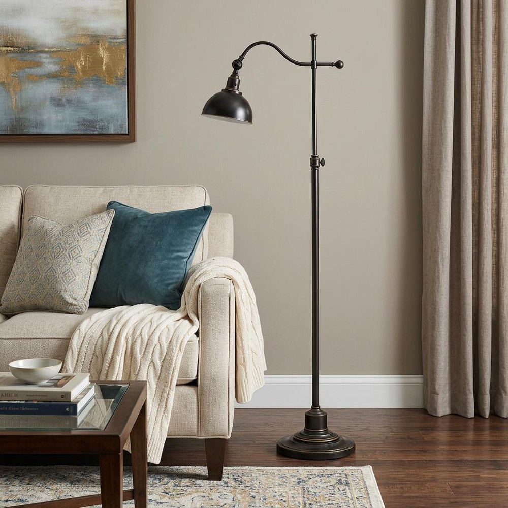 60" Bronze Adjustable Traditional Shaped Floor Lamp With Black Dome Shade